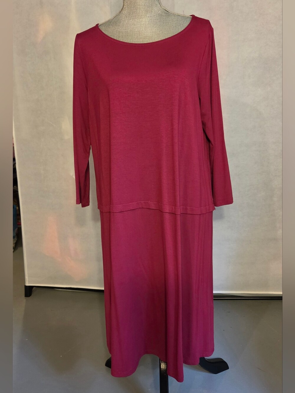 Eileen Fisher Berry Magenta Viscose Jersey Drop Waist Midi Dress Size Large